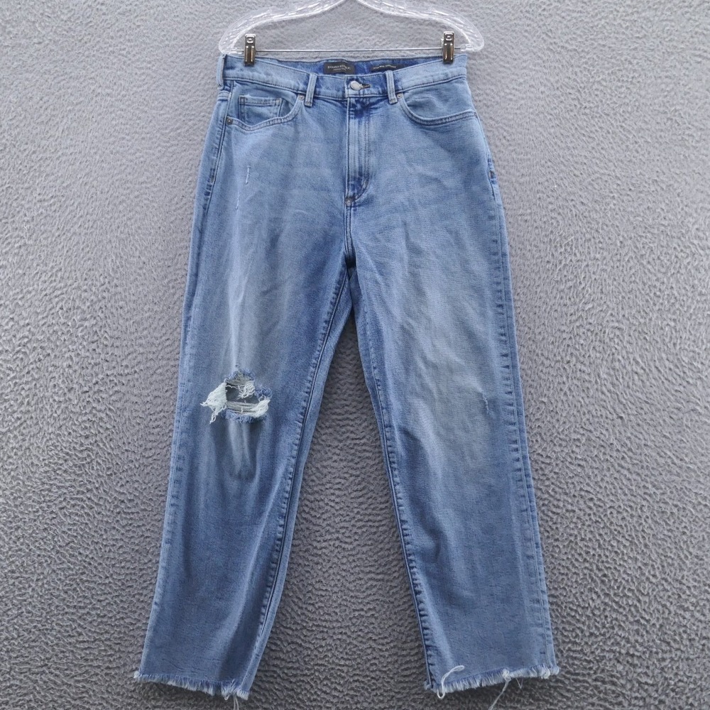 Banana Republic High Rise Straight Leg Jeans Blue Distressed Raw Hem Size 30